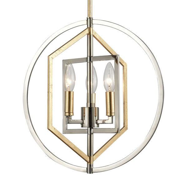 Geosphere Polished Nickel and Parisian Gold Leaf Three-Light Chandelier, image 5