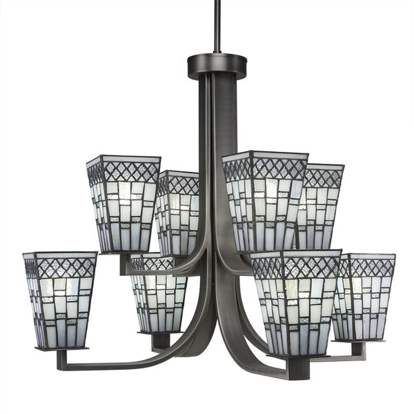 Apollo Graphite 27-Inch Eight-Light Chandelier with Square Pewter Tiffany Glass, image 1