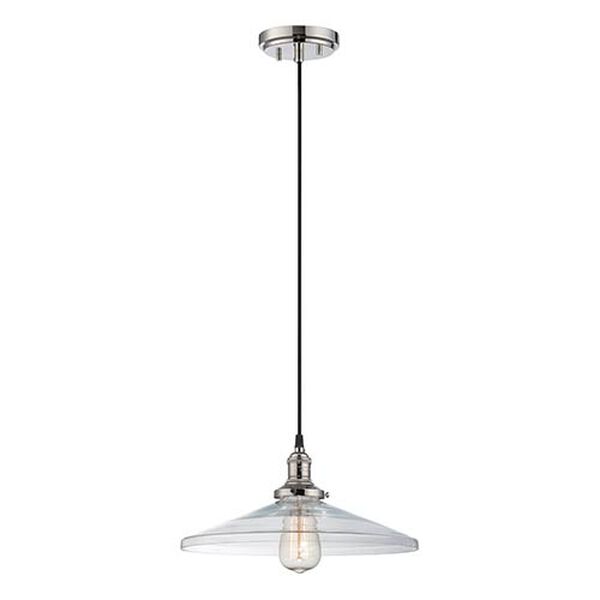 Vintage Polished Nickel One-Light 14-Inch Wide Dome Pendant with Cone Shaped Clear Glass, image 1