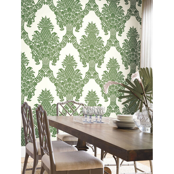 Damask Resource Library Green and White 27 In. x 27 Ft. Pineapple Plantation Wallpaper, image 2