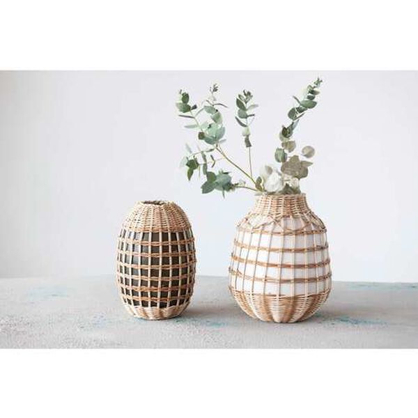 White Decorative Hand-Woven Seagrass and Bamboo Wrapped Vase, image 3