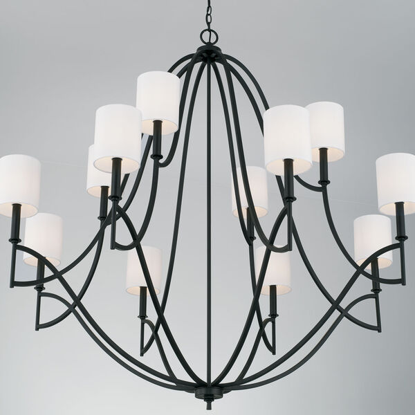 Sylvia Matte Black 12-Light Chandelier with White Fabric Stay Straight Shades, image 4
