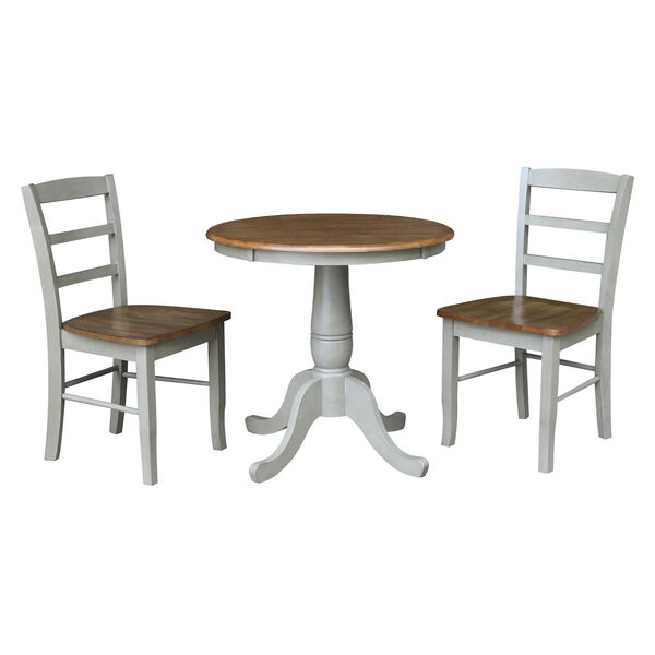 Distressed Hickory and Stone 30-Inch Round Top Pedestal Dining Table with Two Ladderback Chair, Three-Piece, image 2