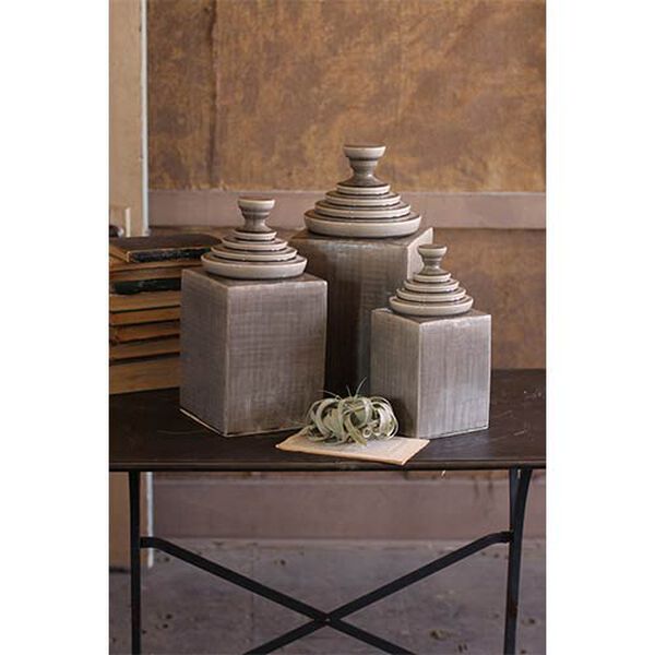 Grey Textured Ceramic Decorative Canisters with Pyramid Top, Set of 3, image 1
