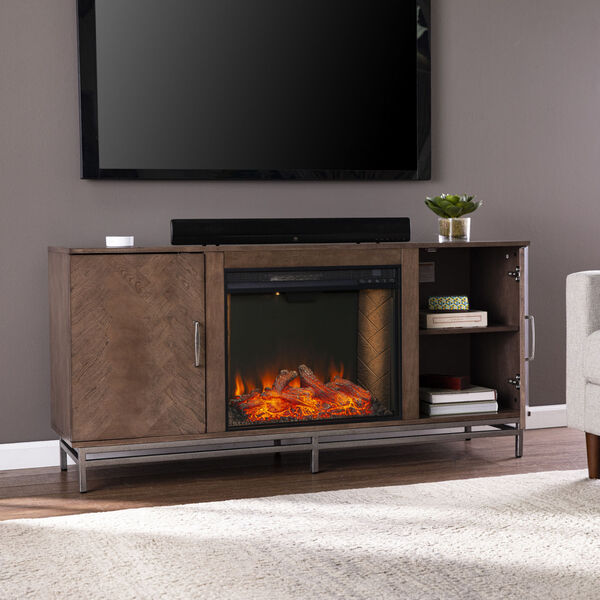 Dibbonly Brown and matte silver Alexa Smart Fireplace with Media Storage, image 3