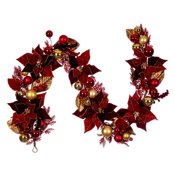 Red 72-Inch Artificial Poinsettia Deco Garland, image 1
