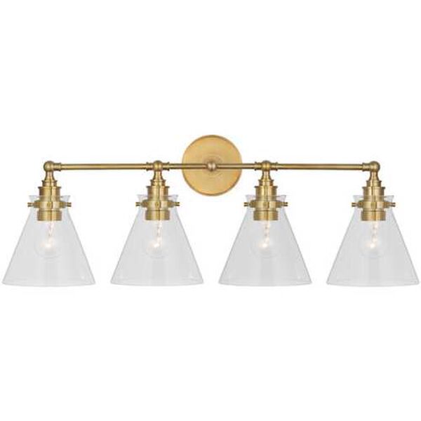 Parkington Antique Brass Four-Light Bath Vanity with Clear Glass by Chapman and Myers, image 1