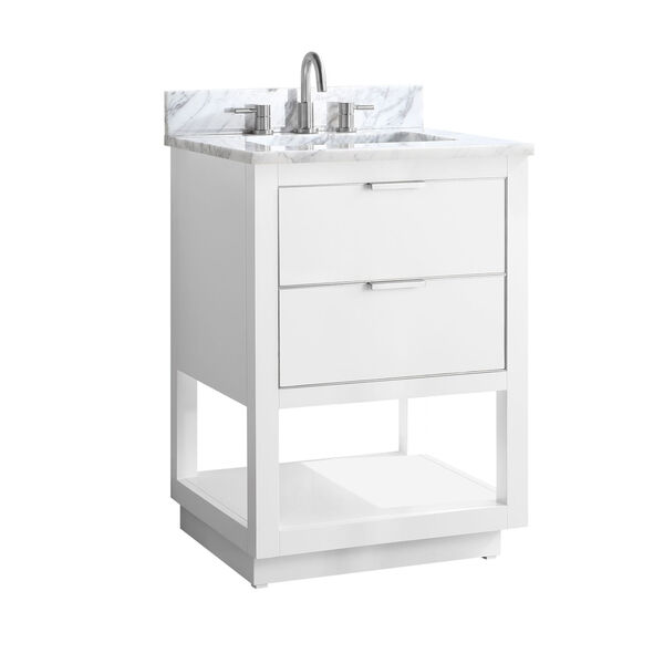White 25-Inch Bath vanity with Silver Trim and Carrara White Marble Top, image 2