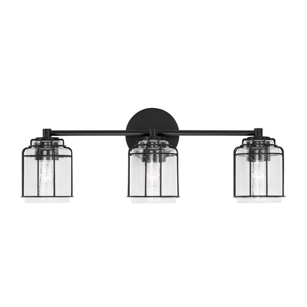 Harmon Matte Black Three-Light Bath Vanity with Clear Seeded Glass and Metal Cage Shades, image 2