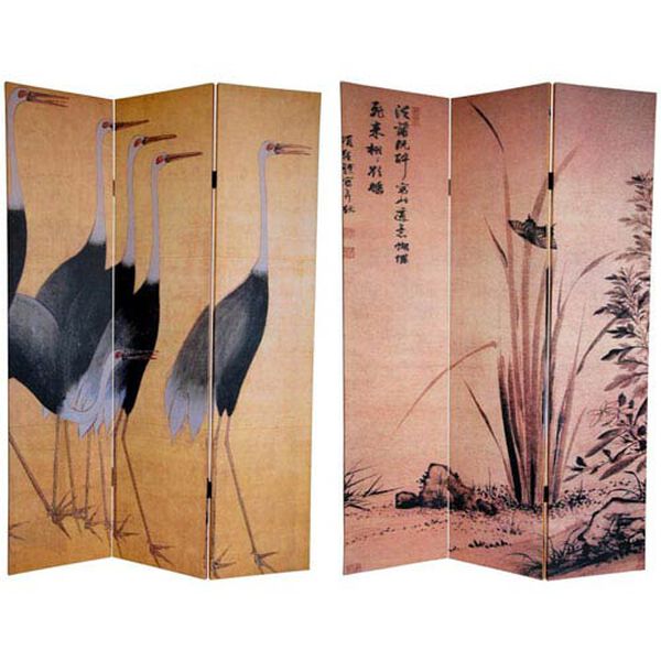 Six Ft. Tall Double Sided Cranes Canvas Room Divider, Width - 48 Inches, image 1