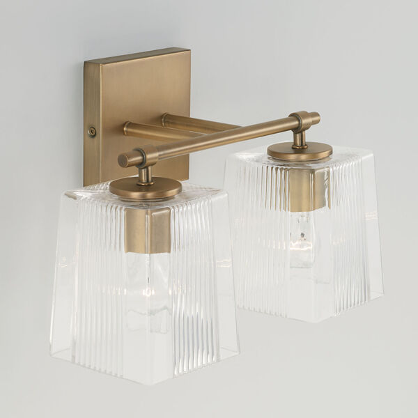 Lexi Aged Brass Two-Light Bath Vanity with Clear Fluted Square Glass Shades, image 4