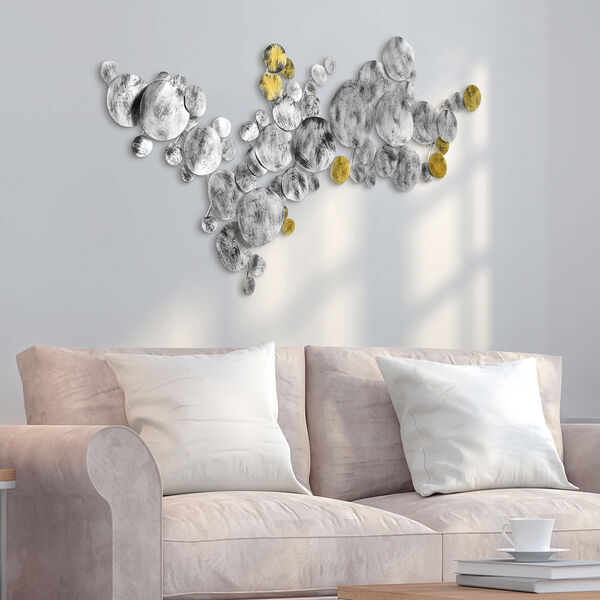 Gold and Silver Flying Discs Hand Painted Etched Metal Wall Sculpture, image 5