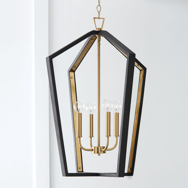 Maren Flat Black and Matte Brass Four-Light Pendant Made with Handcrafted Mango Wood, image 4