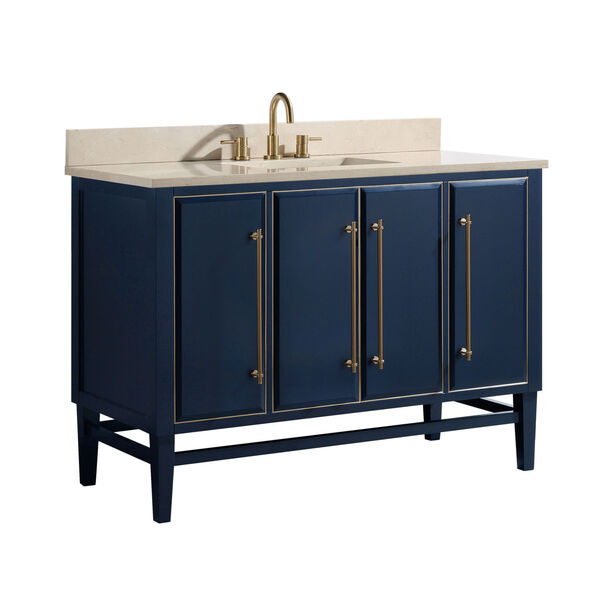 Navy Blue 49-Inch Bath vanity Set with Gold Trim and Crema Marfil Marble Top, image 2