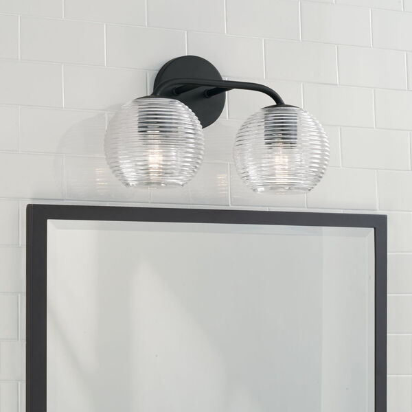 Dolan Matte Black Two-Light Bath Vanity with Clear Ribbed Glass, image 3