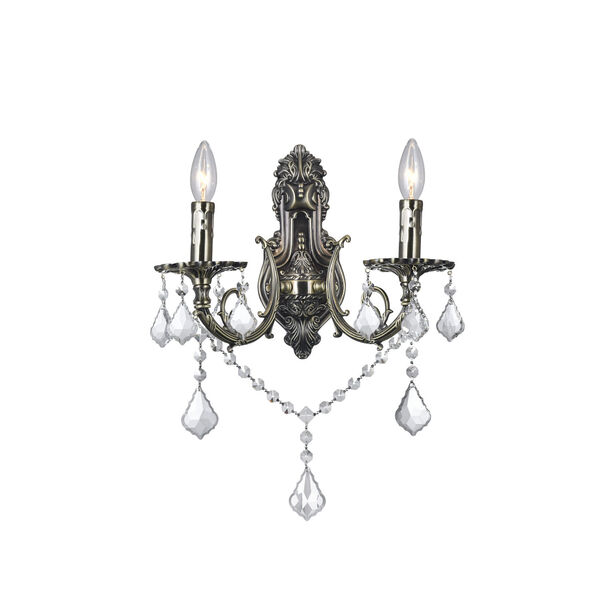 Antique Brass Two-Light Wall Sconce with K9 Clear Crystal, image 1