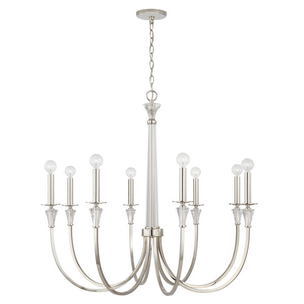 Laurent Polished Nickel Eight-Light Chandelier with Crystal Column and Bobeches, image 3