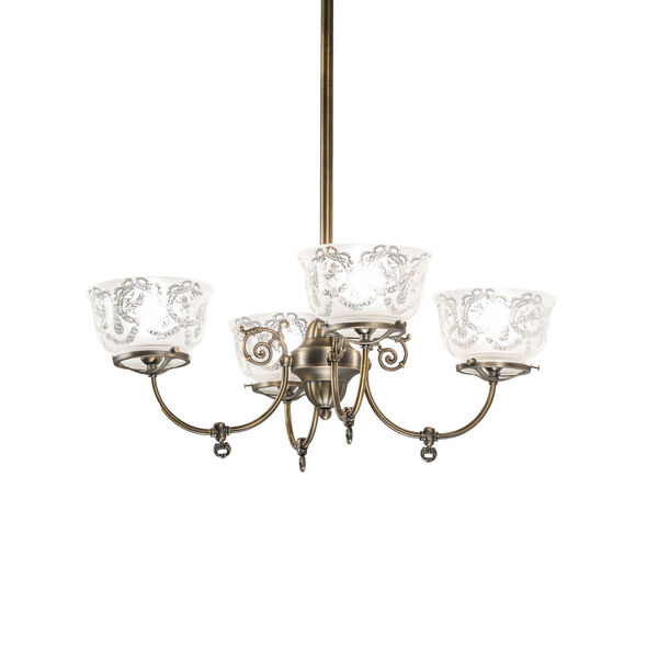 Revival Antique Brass Gas and Electric Four-Light Chandelier, image 1