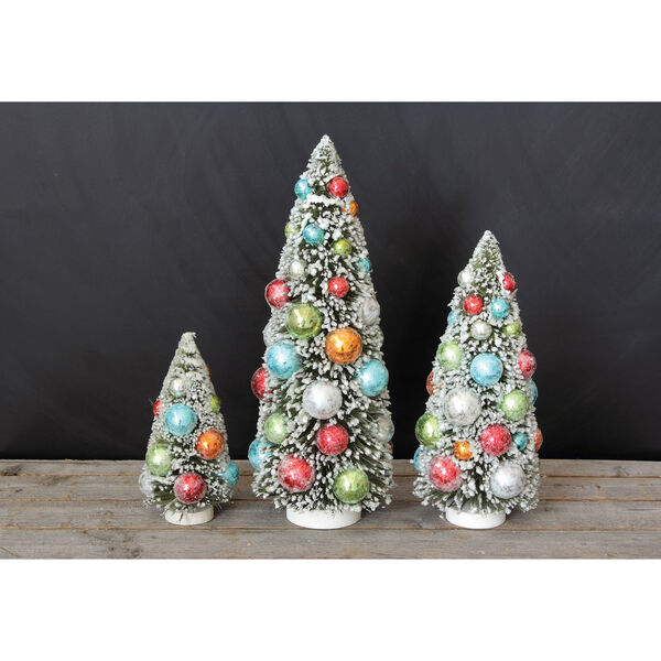 Whimsy Multi-Colored Bottle Brush Christmas Tree with Ornament and Snow Flocking on Wood Base, Set of 3, image 2