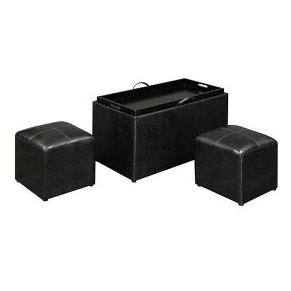 Designs4Comfort Black Faux Leather Sheridan Storage Bench with Two Side Ottomans, image 3