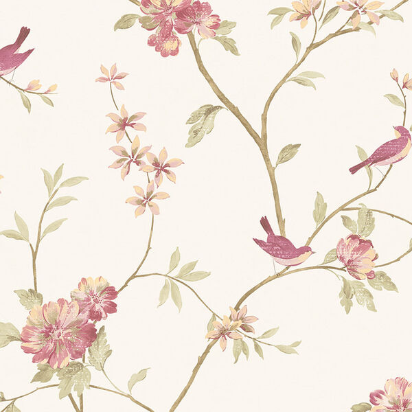 Floral Bird Sidewall Raspberry and Cream Wallpaper, image 1