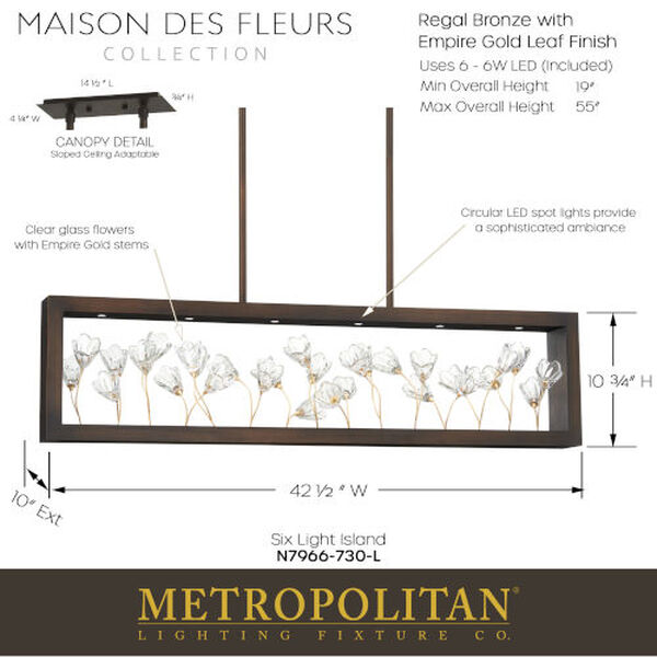 Maison Des Fleurs Regal Bronze with Empire Gold 10-Inch LED Island Chandelier, image 2