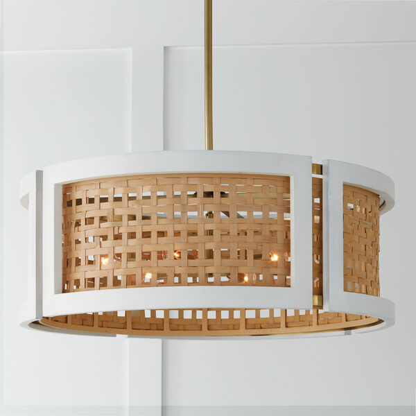 Lola Flat White and Matte Brass Six-Light Chandelier Made with Handcrafted Mango Wood and Rattan, image 5