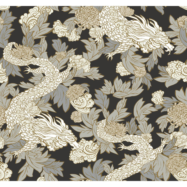Black and Gold 27 In. x 27 Ft. Ming Dragon Wallpaper, image 2