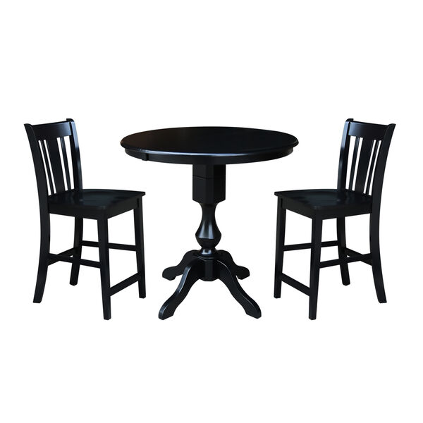 Black 36-Inch Counter Height Table with 12-Inch Leaf and Two San Remo Stools, image 1