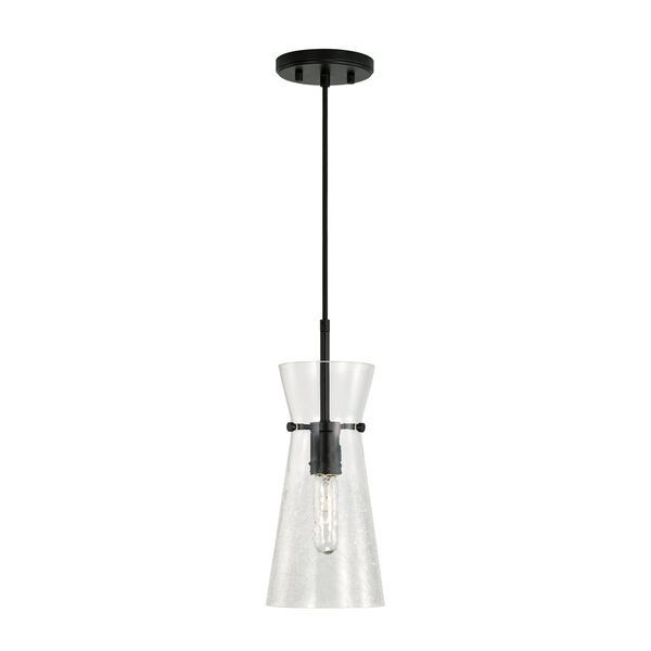 Mila Matte Black One-Light Mini Pendant with Clear Half-Crackle Tapered Glass, image 1