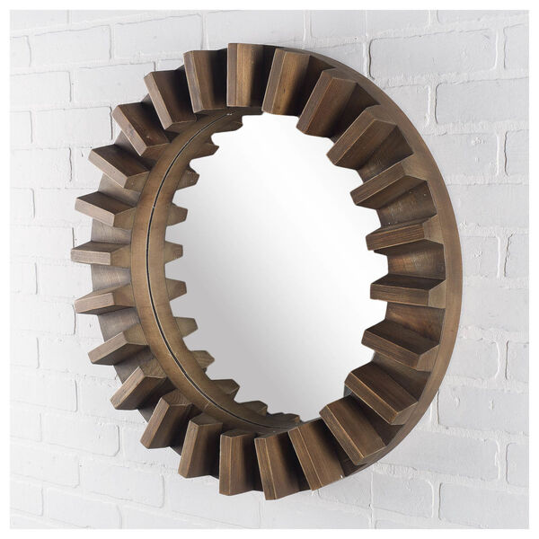 Sprocket Brown 26-Inch Round Wood Frame Wall Mirror, image 1