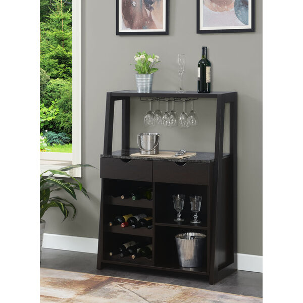 Uptown Faux Black Marble and Espresso Wine Bar with Cabinet, image 1