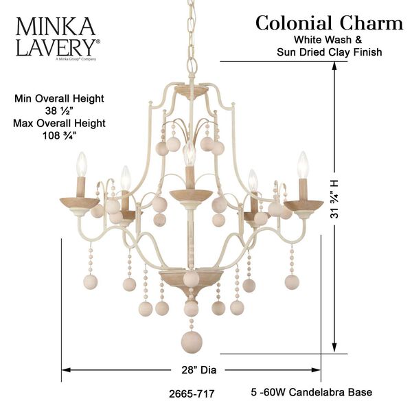 Colonial Charm White Wash Sun Dried Clay Chandelier, image 5