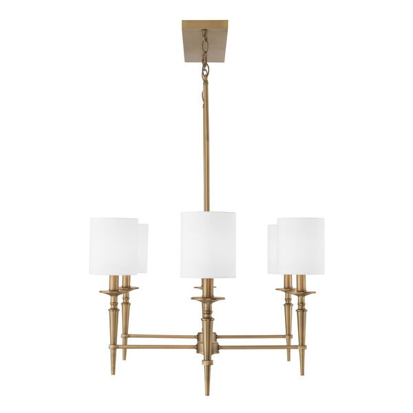 Abbie Aged Brass Six-Light Island Chandelier with White Fabric Stay Straight Shades, image 3