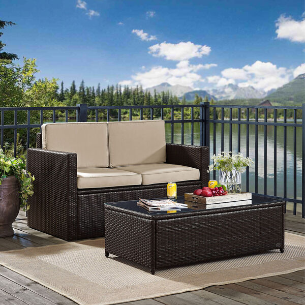 Palm Harbor 2 Piece Outdoor Wicker Seating Set With Sand Cushions - Loveseat and Glass Top Table, image 1