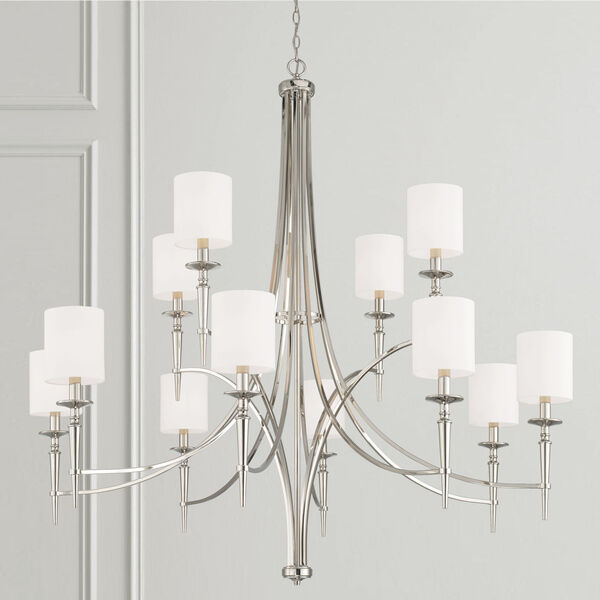 Abbie Polished Nickel and White 12-Light Chandelier with White Fabric Stay Straight Shades, image 2