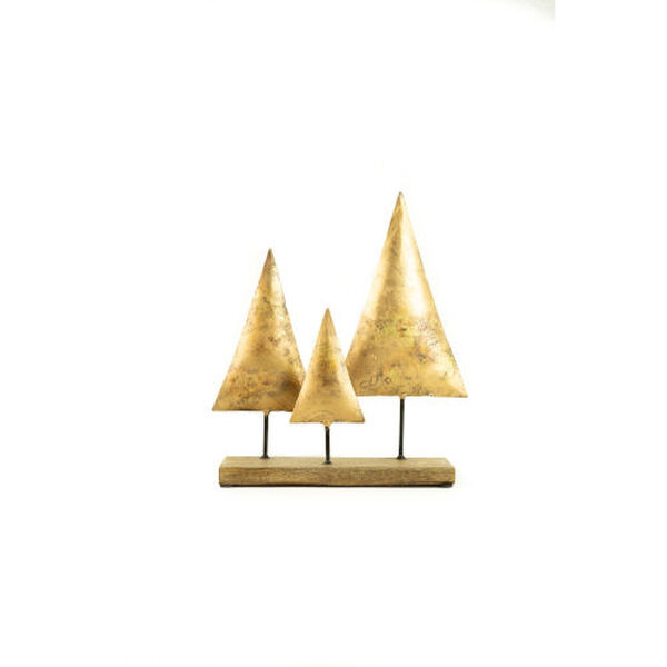 Antique Gold Three Metal Christmas Trees On a Wooden Base, image 2