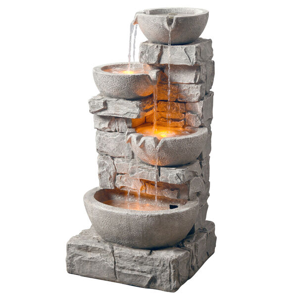 Stone Grey Outdoor Stacked Stone Tiered Bowls Fountain with LED Light, image 1