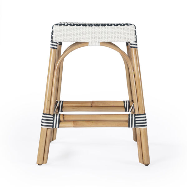 Robias White and Navy Stripe on Natural Rattan Counter Stool, image 3
