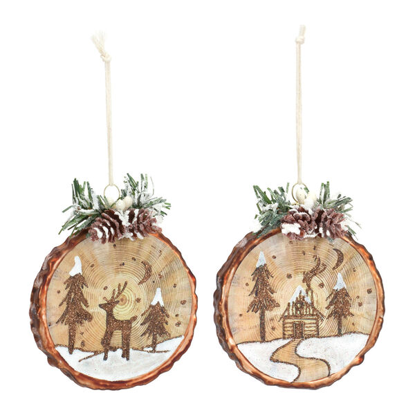 Brown Cabin and Deer Novelty Ornament, Set of Six, image 1