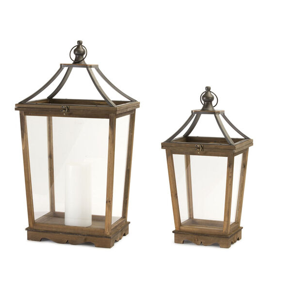 Brown 30-Inch Wood Glass Lantern , Set of Two, image 1