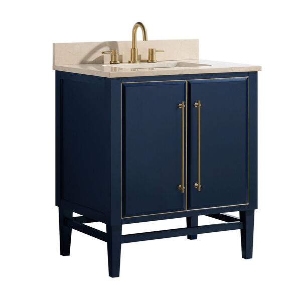 Navy Blue 31-Inch Bath vanity Set with Gold Trim and Crema Marfil Marble Top, image 2