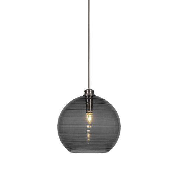 Malena Brushed Nickel 14-Inch One-Light Stem Hung Pendant with Smoke Ribbed Glass Shade, image 1
