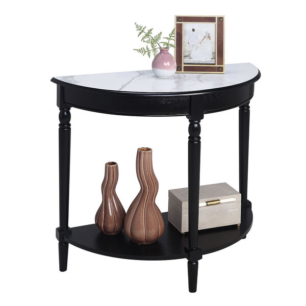 French Country White Faux Marble Black Half-Round Entryway Table with Shelf, image 3