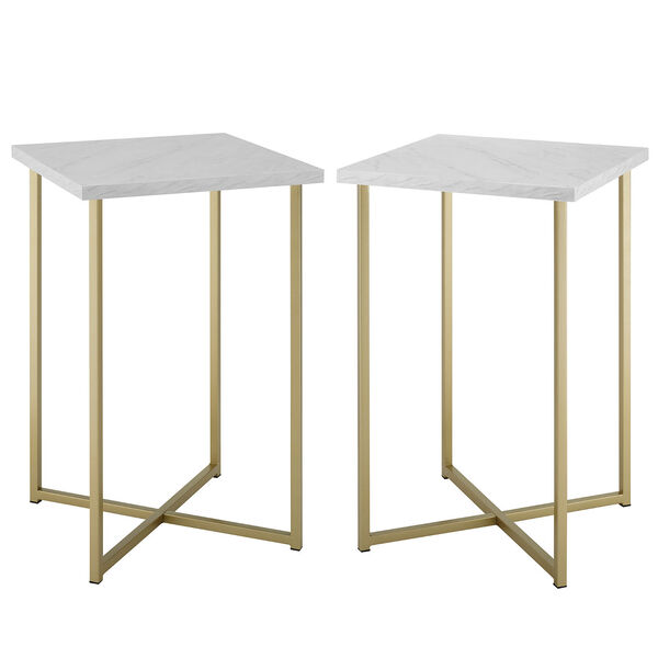 Faux White Marble and Gold Wood Square Side Table, Set of Two, image 2
