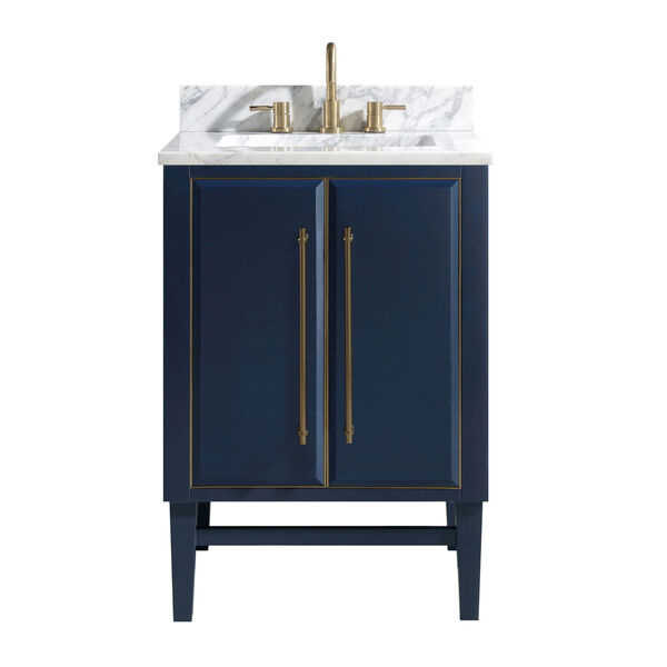Navy Blue 25-Inch Bath vanity Set with Gold Trim and Carrara White Marble Top, image 1