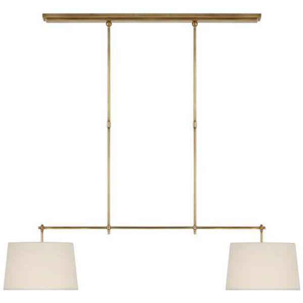 Bryant Antique Brass Two-Light Medium Billiard with Linen Shades by Thomas O'Brien, image 1