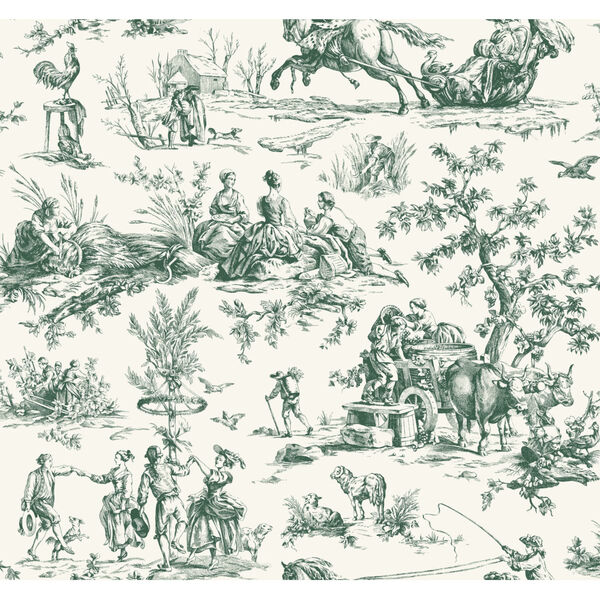 Grandmillennial Dark Green Seasons Toile Pre Pasted Wallpaper - SAMPLE SWATCH ONLY, image 2