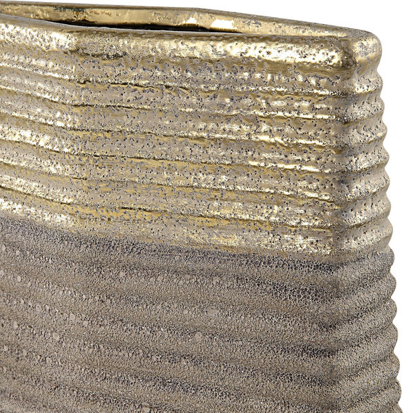 Riaan Sand Textured Earth Tones and Gold Leaf Ribbed Vase, Set of 2, image 3