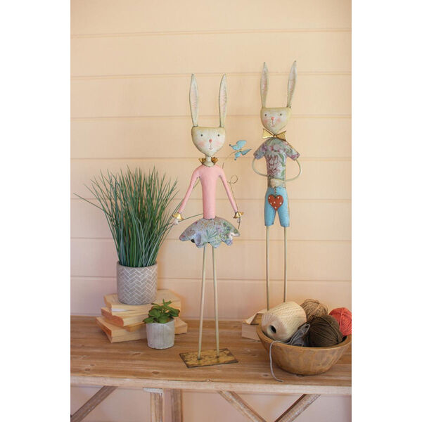 Beige Painted Metal Rabbits, Set of Two, image 1
